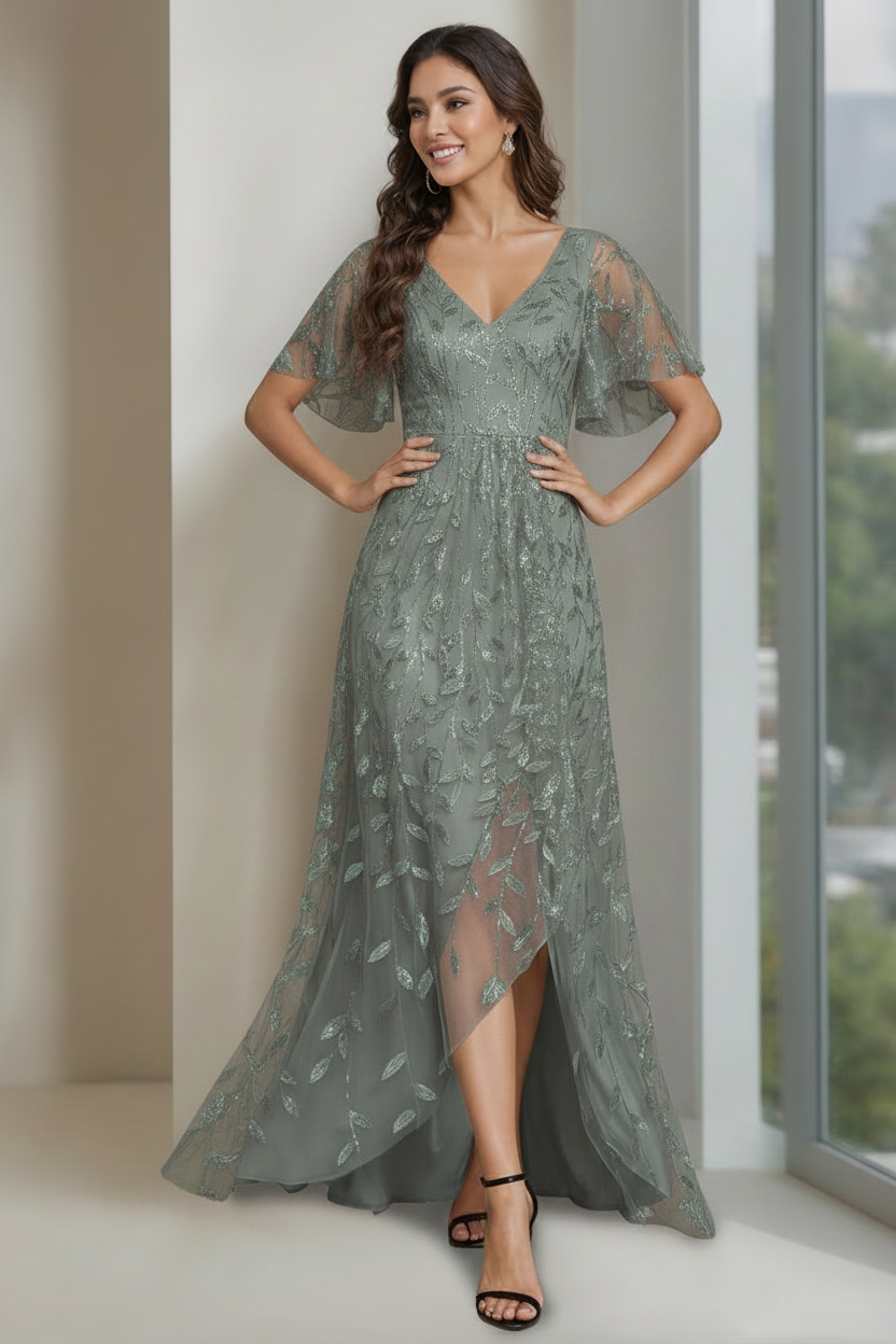 A-Line/Princess V-Neck Short Sleeves Asymmetrical Mother Of The Bride Dresses with Sequins