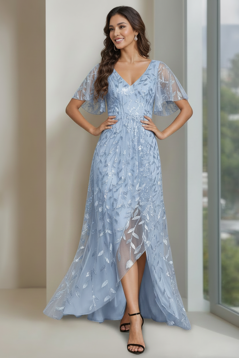 A-Line/Princess V-Neck Short Sleeves Asymmetrical Mother Of The Bride Dresses with Sequins