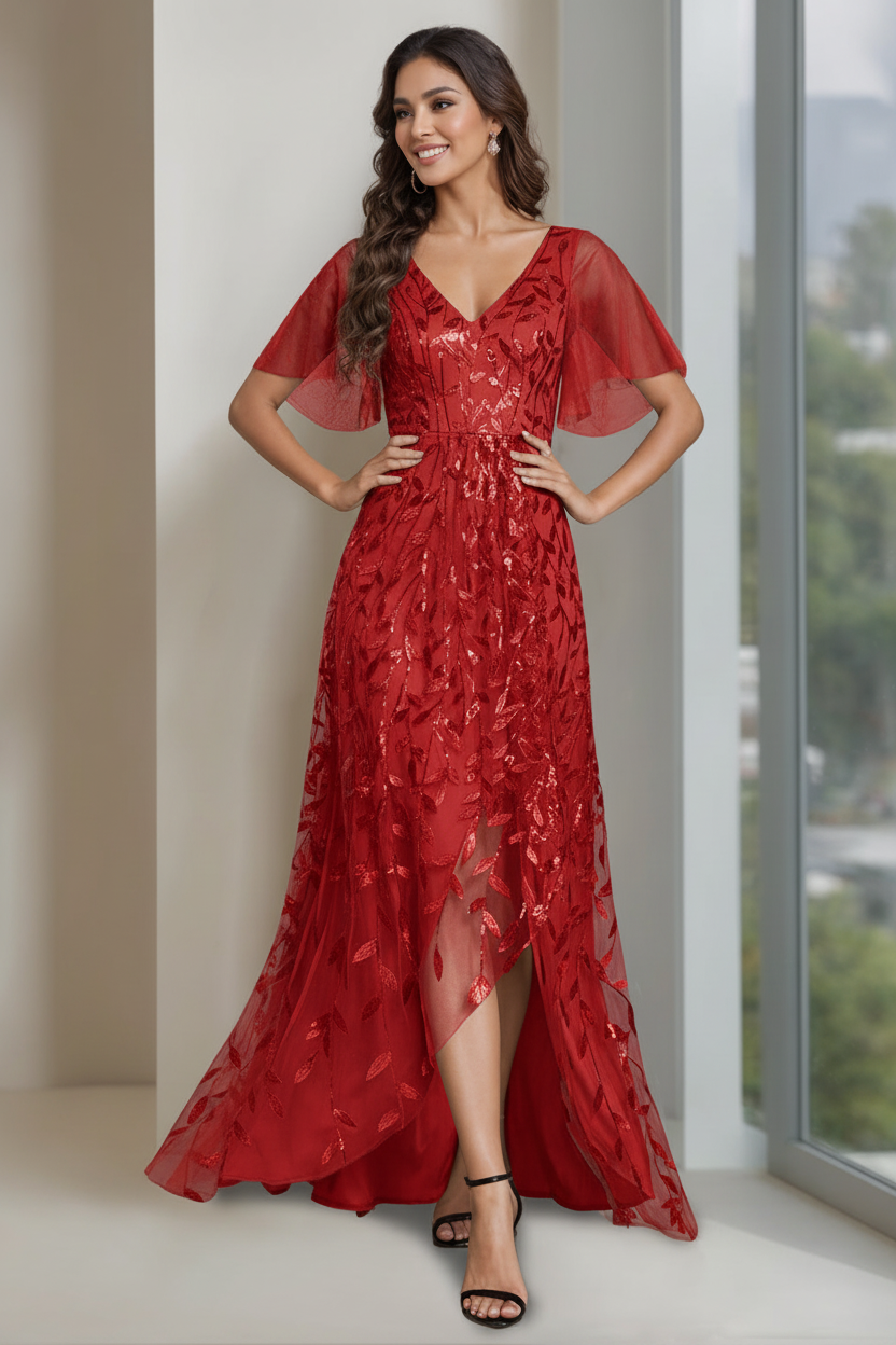 A-Line/Princess V-Neck Short Sleeves Asymmetrical Mother Of The Bride Dresses with Sequins