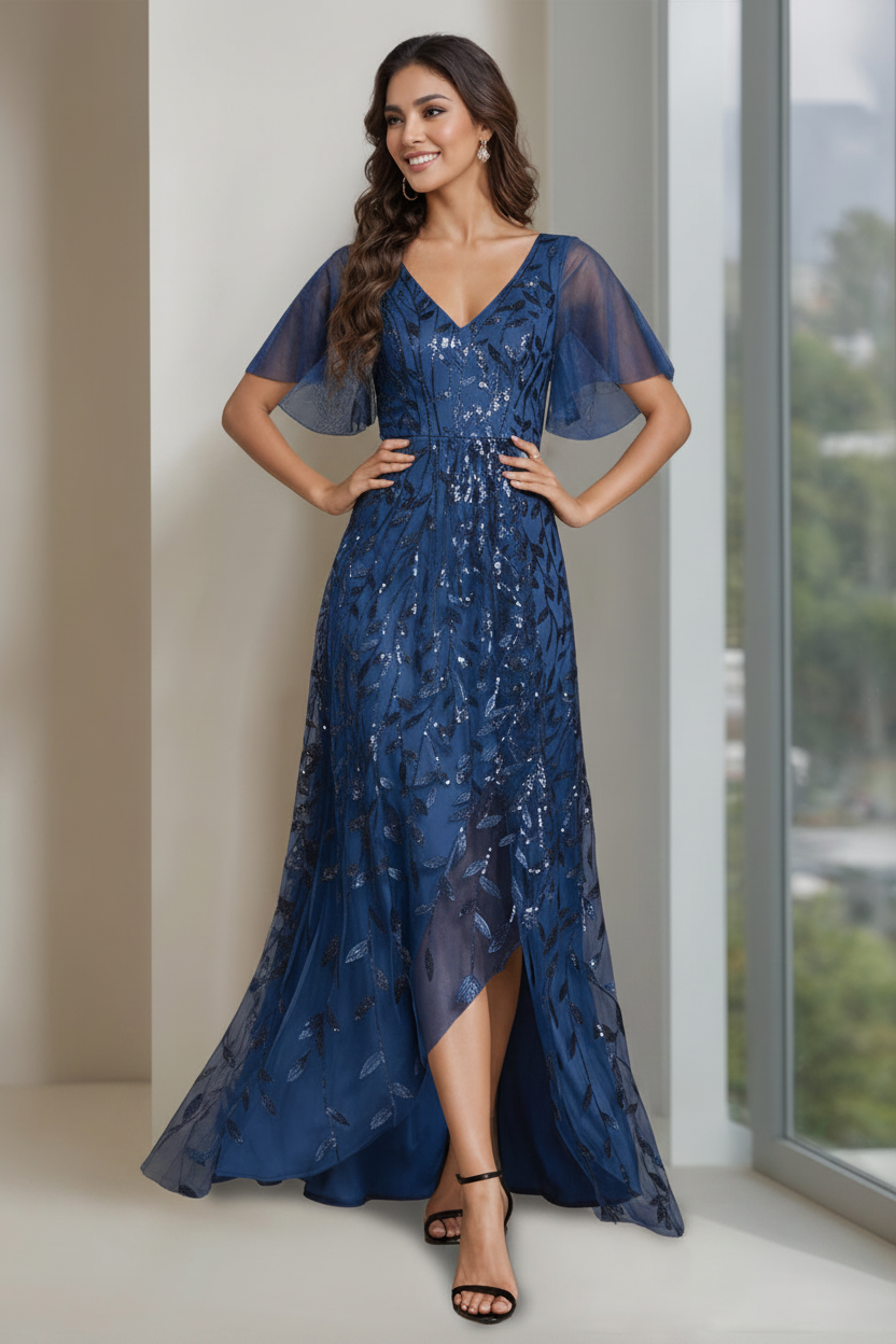 A-Line/Princess V-Neck Short Sleeves Asymmetrical Mother Of The Bride Dresses with Sequins