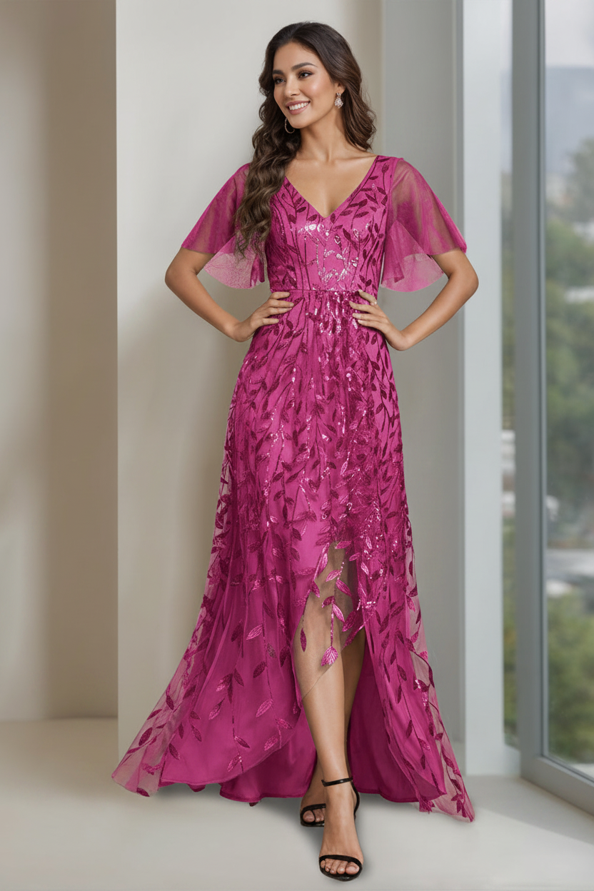 A-Line/Princess V-Neck Short Sleeves Asymmetrical Mother Of The Bride Dresses with Sequins