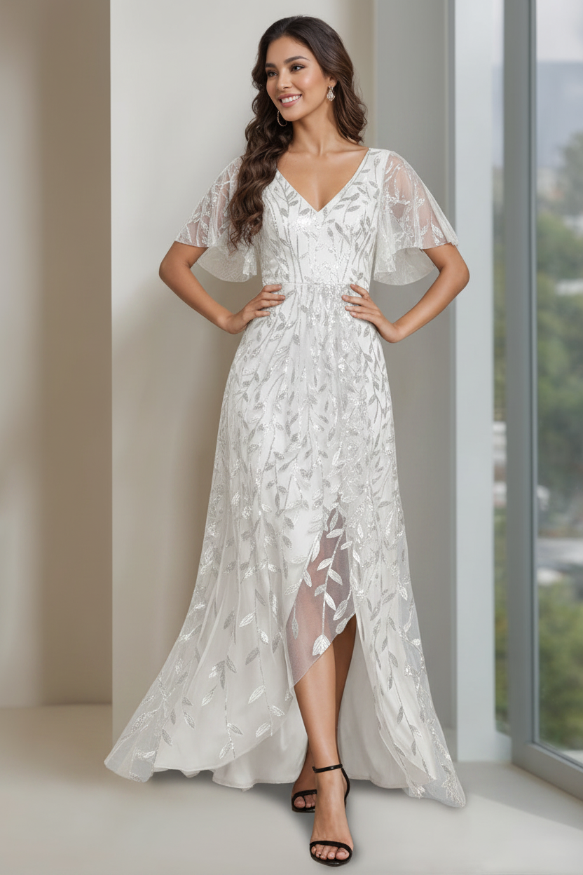A-Line/Princess V-Neck Short Sleeves Asymmetrical Mother Of The Bride Dresses with Sequins