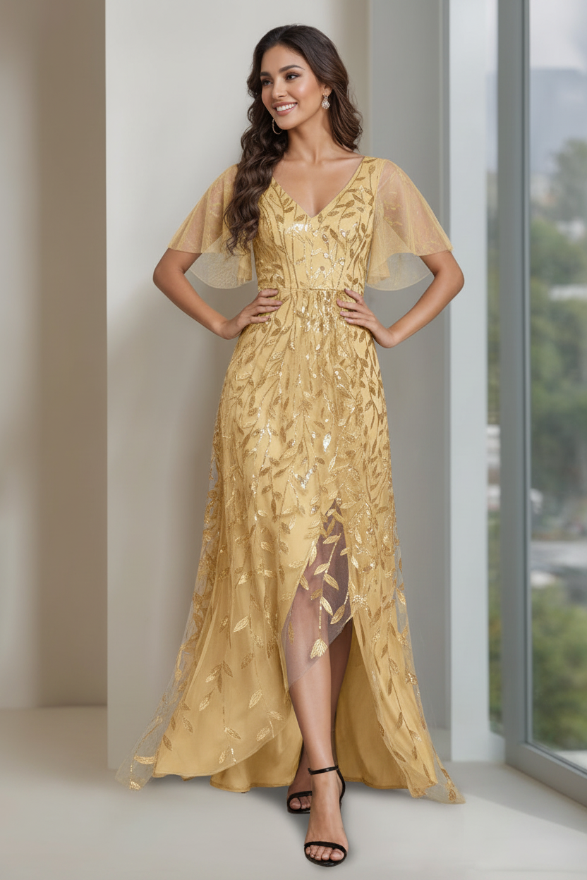 A-Line/Princess V-Neck Short Sleeves Asymmetrical Mother Of The Bride Dresses with Sequins