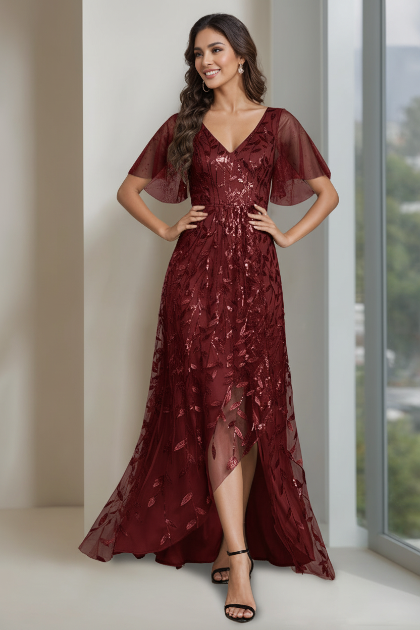 A-Line/Princess V-Neck Short Sleeves Asymmetrical Mother Of The Bride Dresses with Sequins