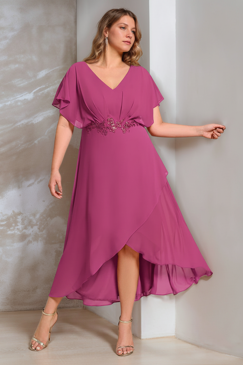 A-Line/Princess V-Neck Short Sleeves Asymmetrical Plus Size Mother Of The Bride Dresses with Appliques