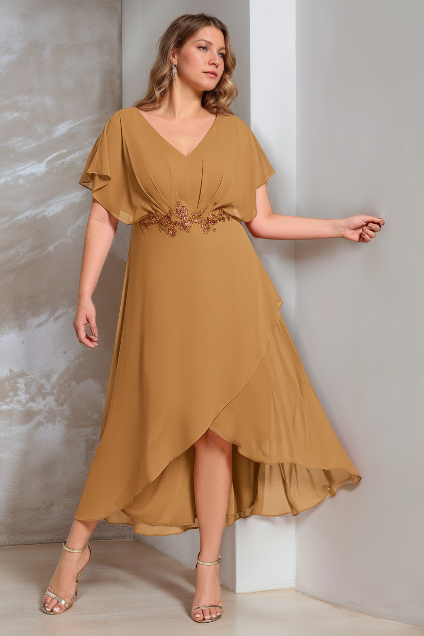 A-Line/Princess V-Neck Short Sleeves Asymmetrical Plus Size Mother Of The Bride Dresses with Appliques