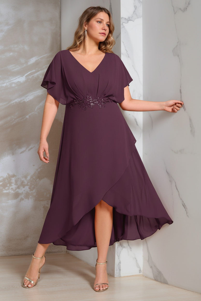 A-Line/Princess V-Neck Short Sleeves Asymmetrical Plus Size Mother Of The Bride Dresses with Appliques