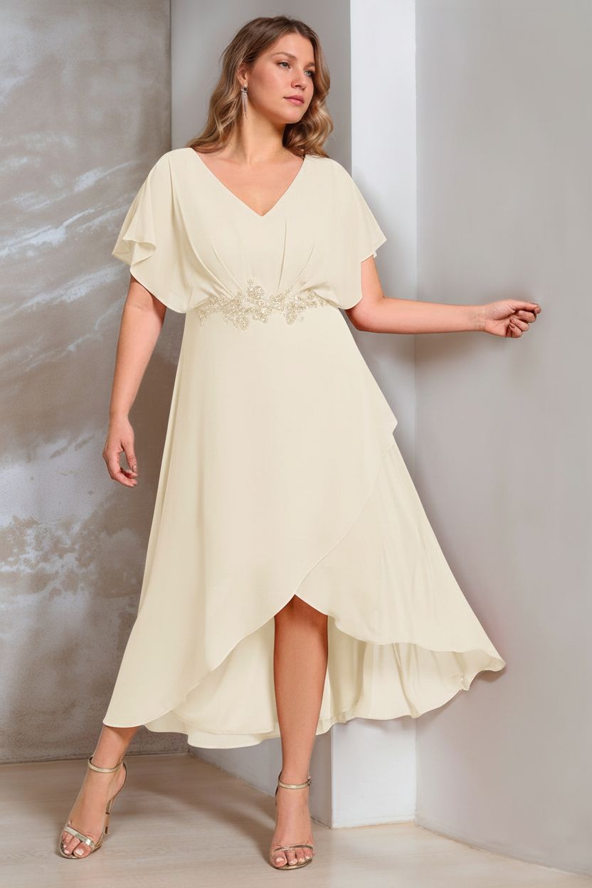 A-Line/Princess V-Neck Short Sleeves Asymmetrical Plus Size Mother Of The Bride Dresses with Appliques