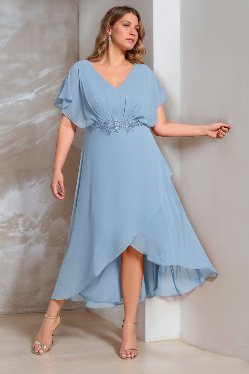 A-Line/Princess V-Neck Short Sleeves Asymmetrical Plus Size Mother Of The Bride Dresses with Appliques