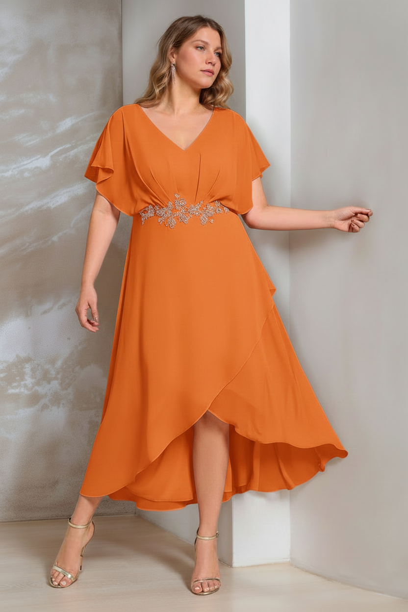 A-Line/Princess V-Neck Short Sleeves Asymmetrical Plus Size Mother Of The Bride Dresses with Appliques