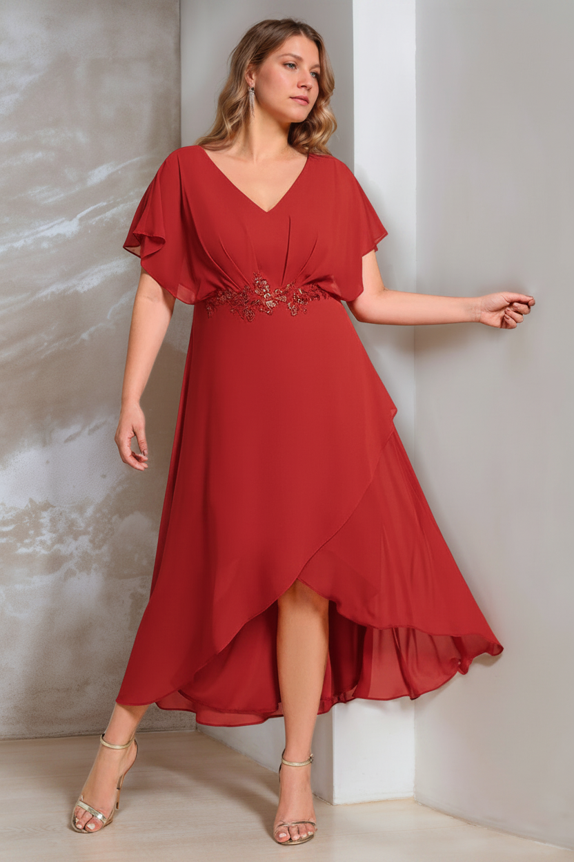 A-Line/Princess V-Neck Short Sleeves Asymmetrical Plus Size Mother Of The Bride Dresses with Appliques