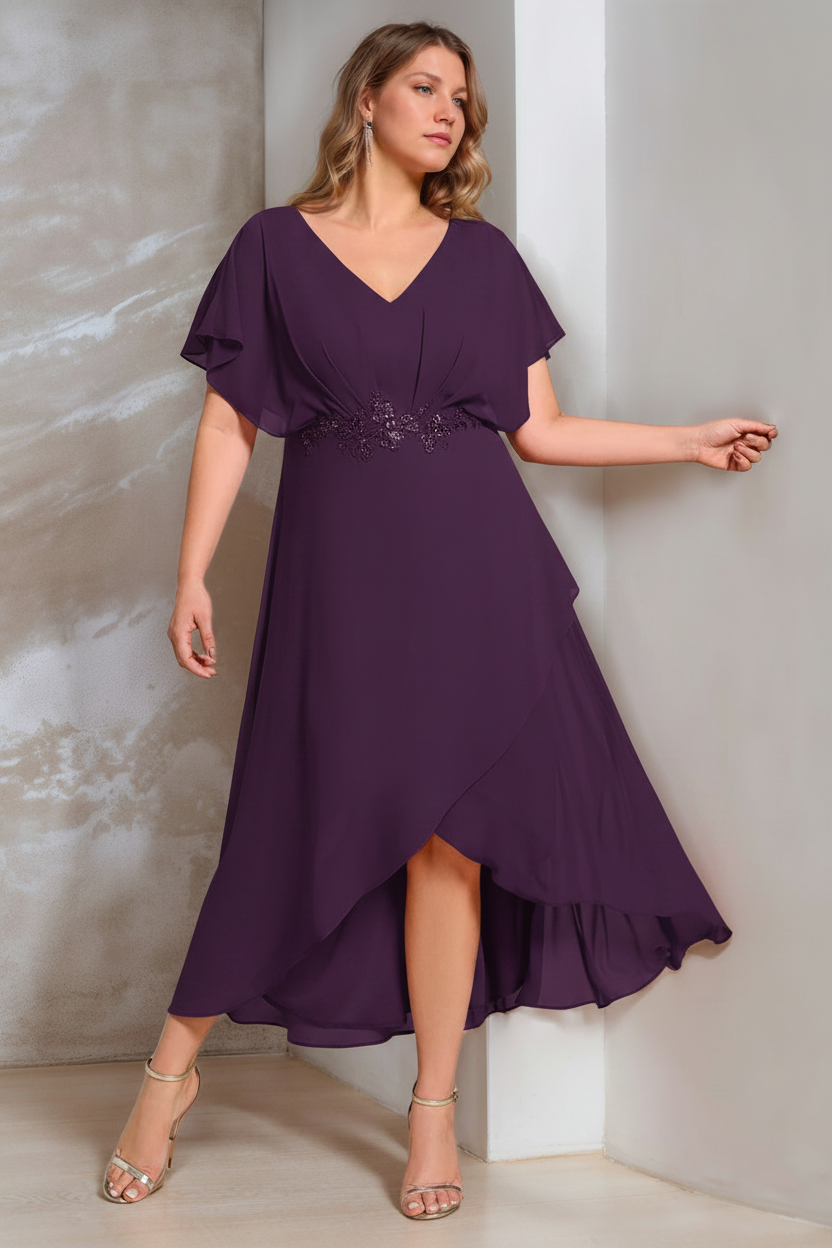 A-Line/Princess V-Neck Short Sleeves Asymmetrical Plus Size Mother Of The Bride Dresses with Appliques
