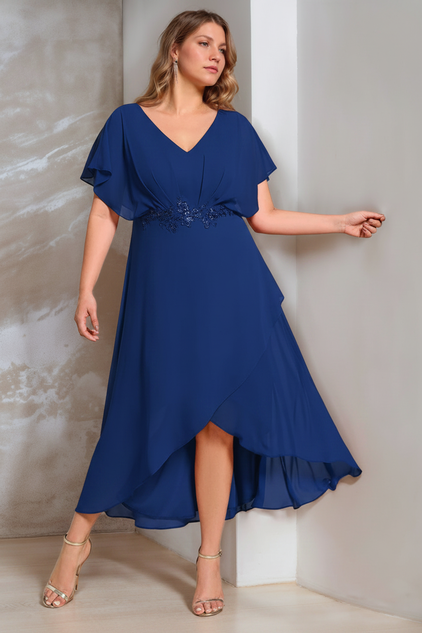 A-Line/Princess V-Neck Short Sleeves Asymmetrical Plus Size Mother Of The Bride Dresses with Appliques