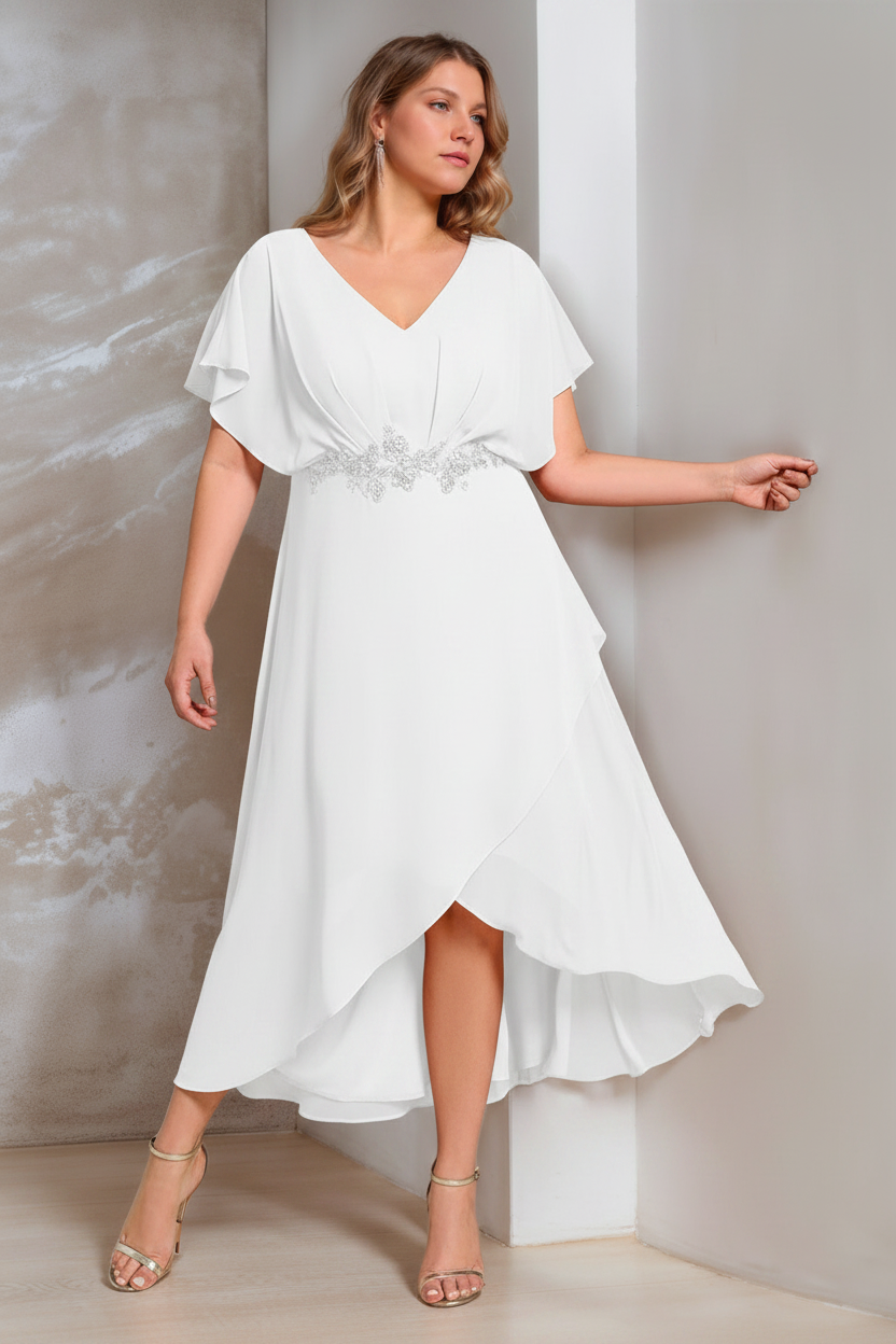 A-Line/Princess V-Neck Short Sleeves Asymmetrical Plus Size Mother Of The Bride Dresses with Appliques