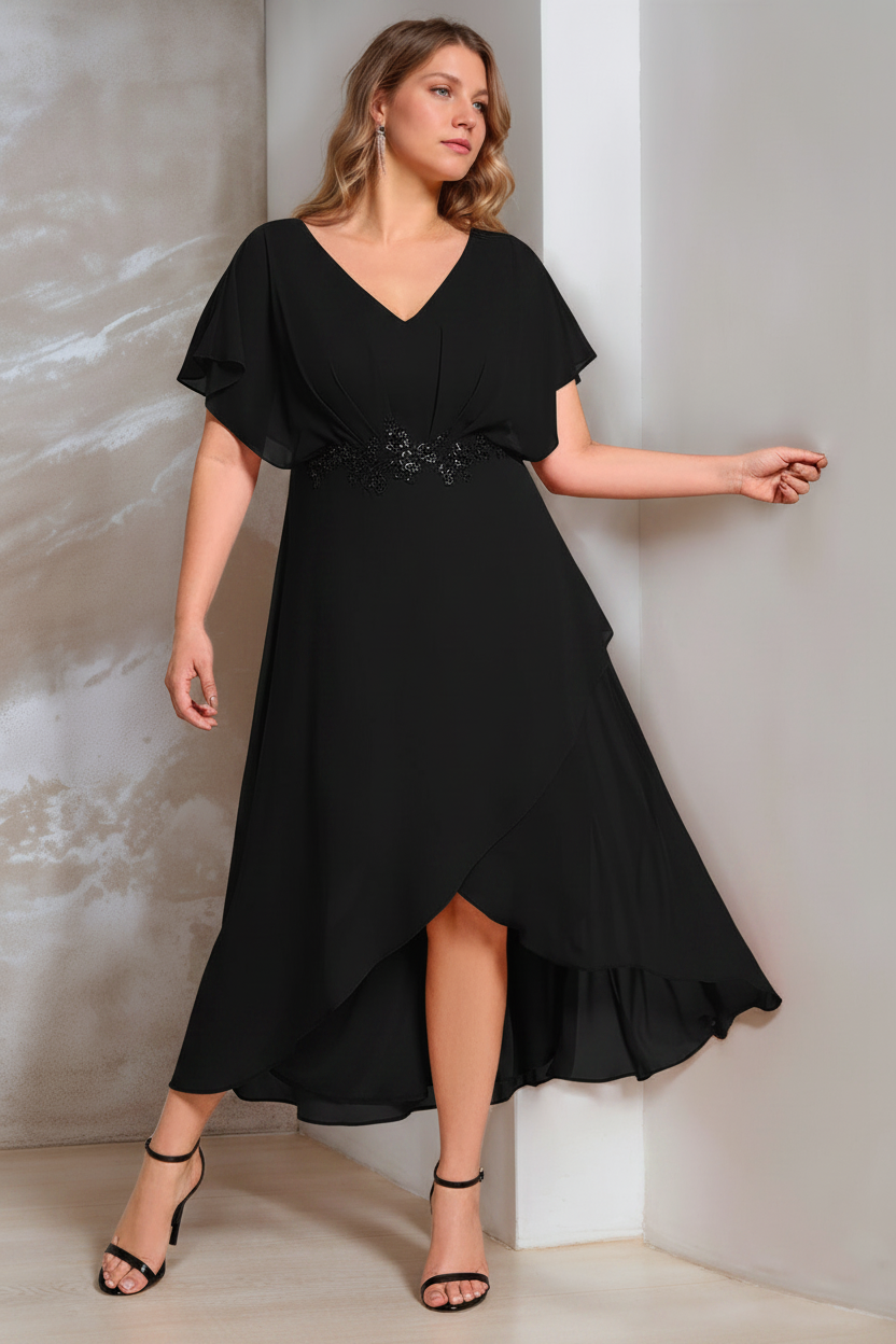 A-Line/Princess V-Neck Short Sleeves Asymmetrical Plus Size Mother Of The Bride Dresses with Appliques
