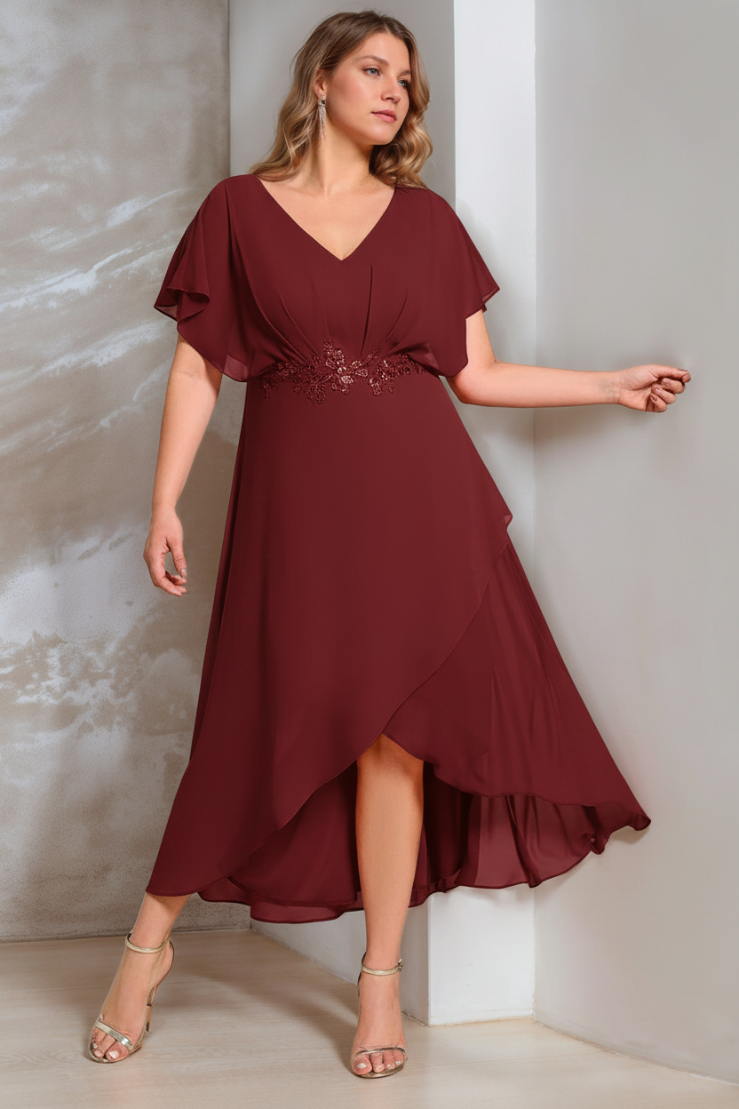 A-Line/Princess V-Neck Short Sleeves Asymmetrical Plus Size Mother Of The Bride Dresses with Appliques