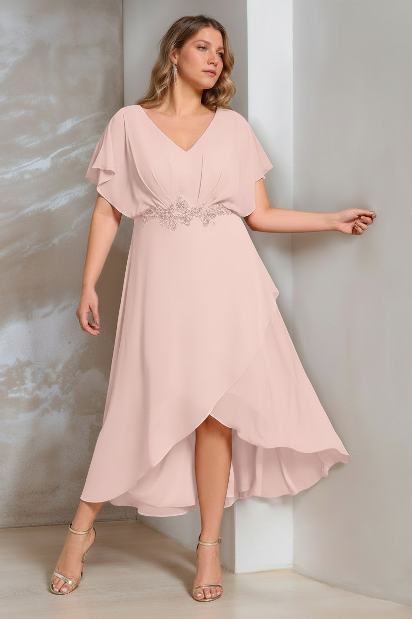 A-Line/Princess V-Neck Short Sleeves Asymmetrical Plus Size Mother Of The Bride Dresses with Appliques
