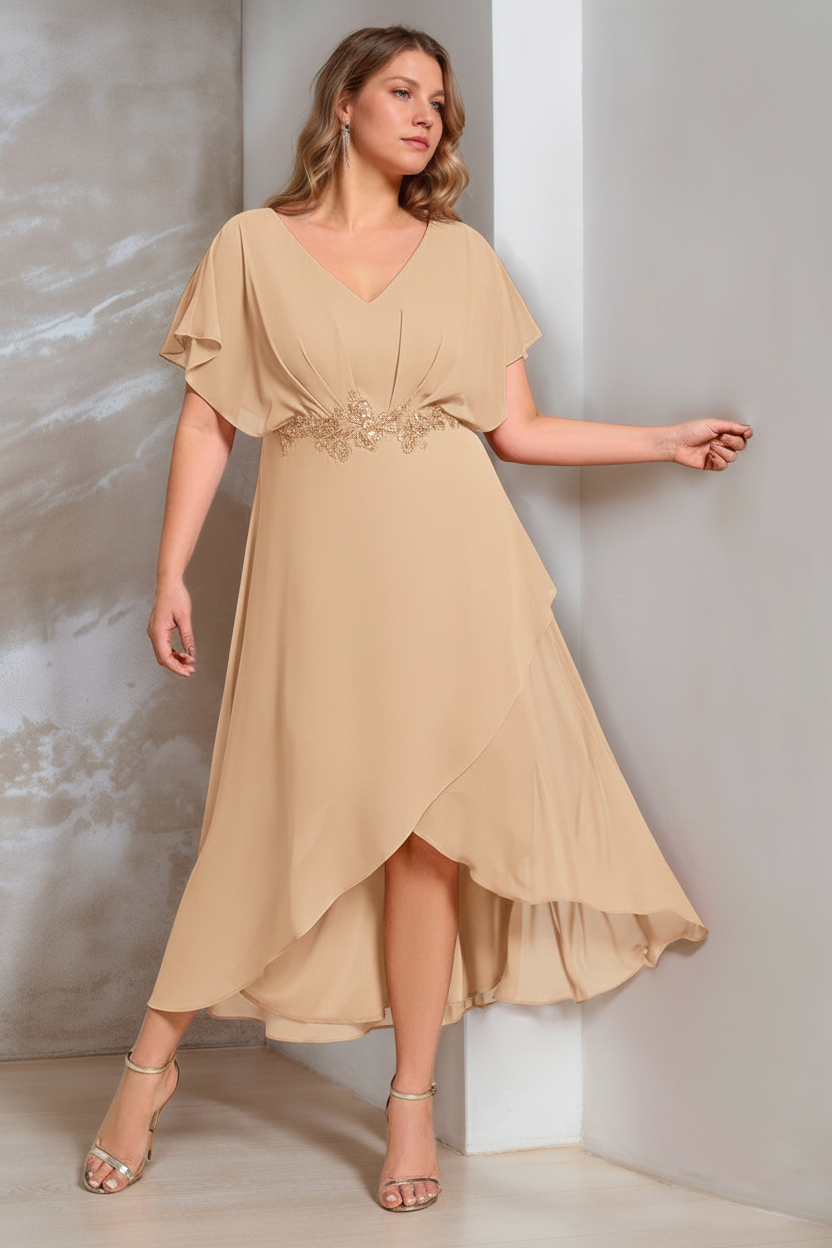 A-Line/Princess V-Neck Short Sleeves Asymmetrical Plus Size Mother Of The Bride Dresses with Appliques