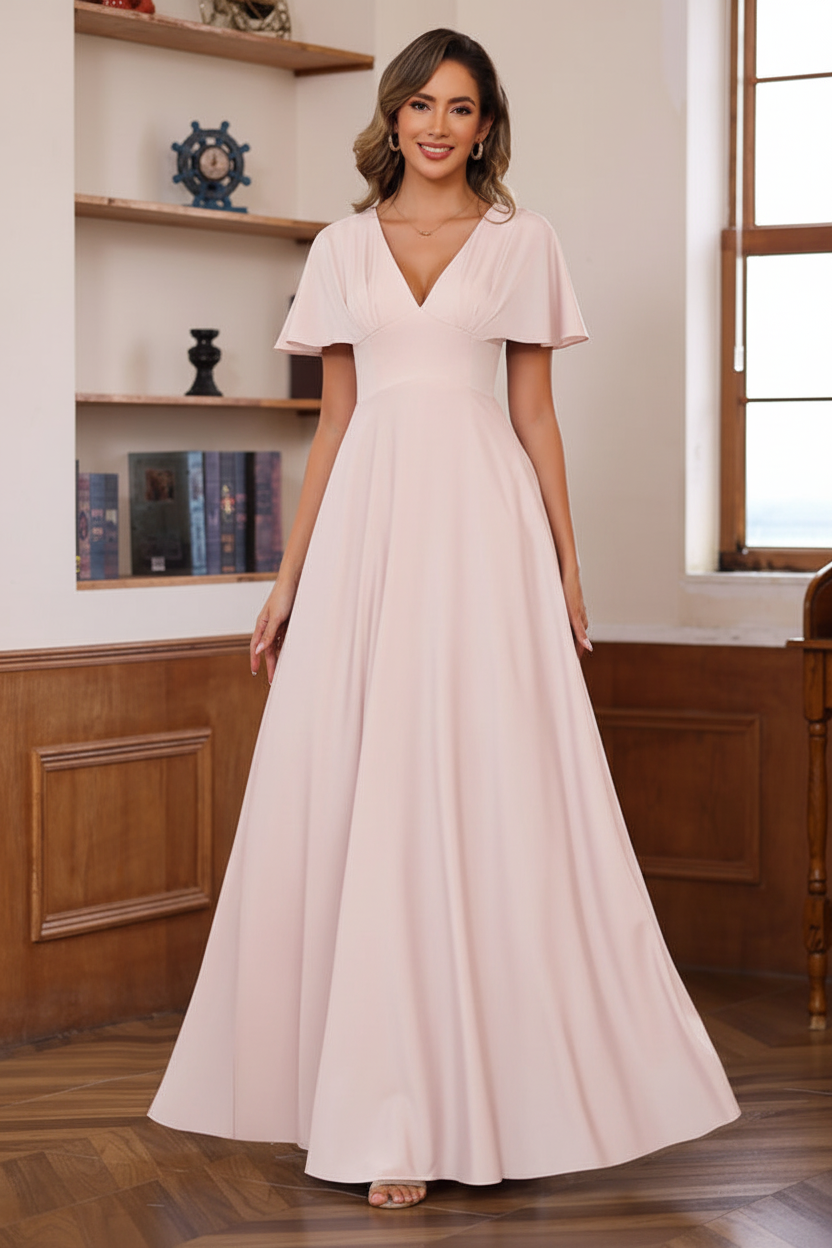 A-Line/Princess V-Neck Short Sleeves Floor-Length Mother of the Bride long Dresses with Ruffles