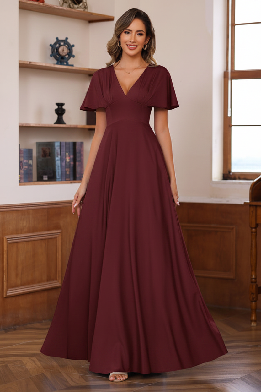 A-Line/Princess V-Neck Short Sleeves Floor-Length Mother of the Bride long Dresses with Ruffles