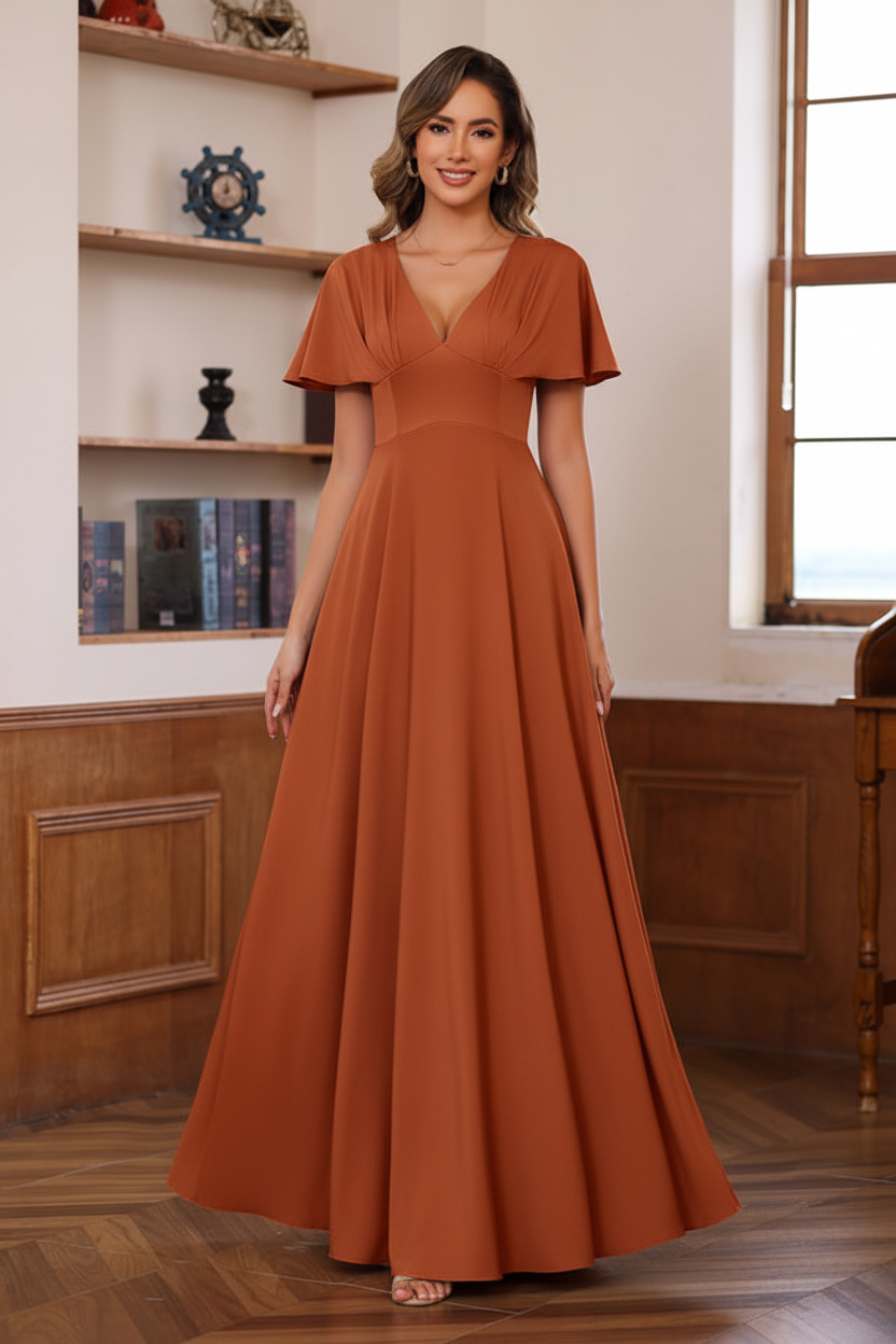 A-Line/Princess V-Neck Short Sleeves Floor-Length Mother of the Bride long Dresses with Ruffles