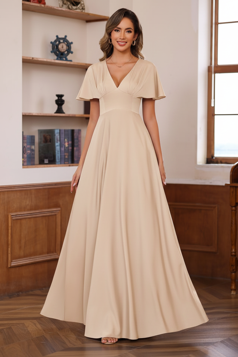 A-Line/Princess V-Neck Short Sleeves Floor-Length Mother of the Bride long Dresses with Ruffles