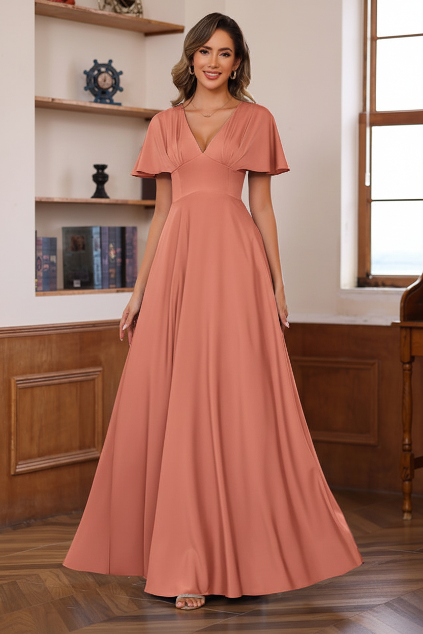 A-Line/Princess V-Neck Short Sleeves Floor-Length Mother of the Bride long Dresses with Ruffles