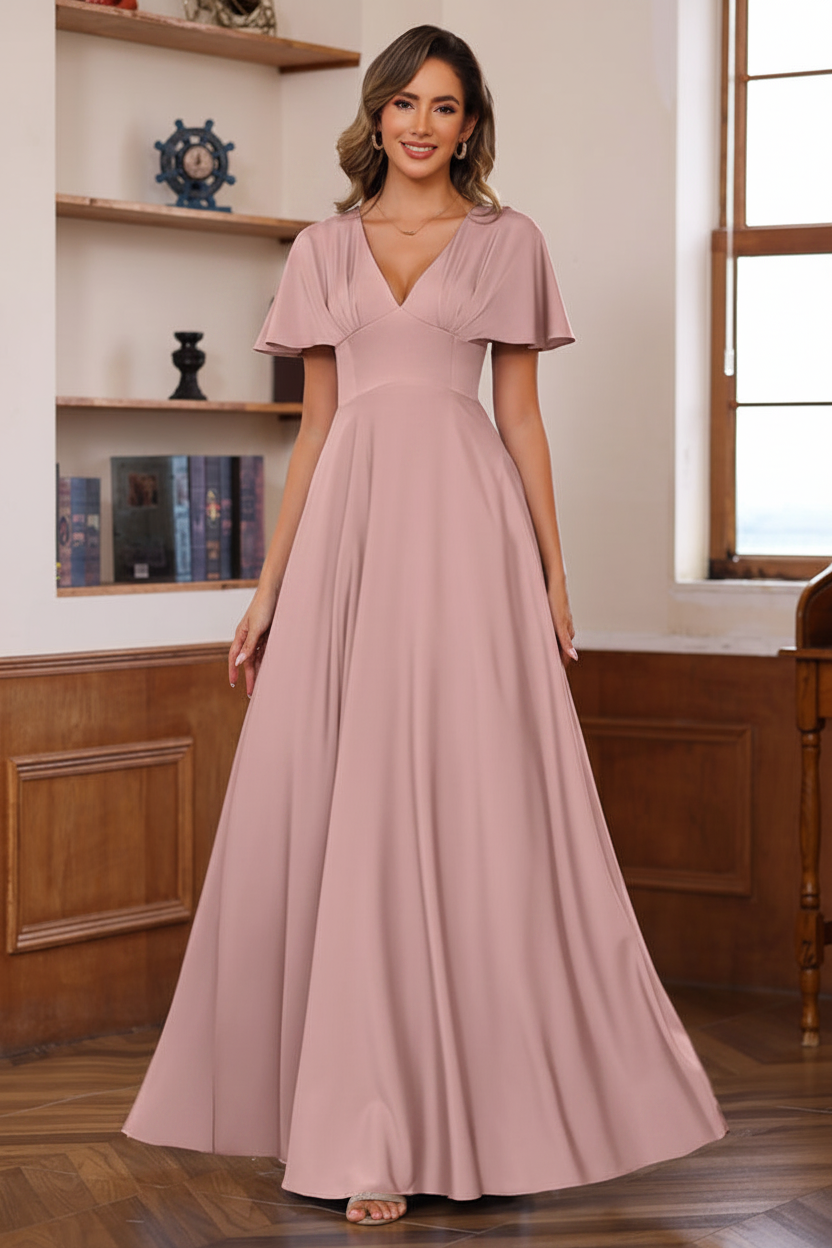 A-Line/Princess V-Neck Short Sleeves Floor-Length Mother of the Bride long Dresses with Ruffles