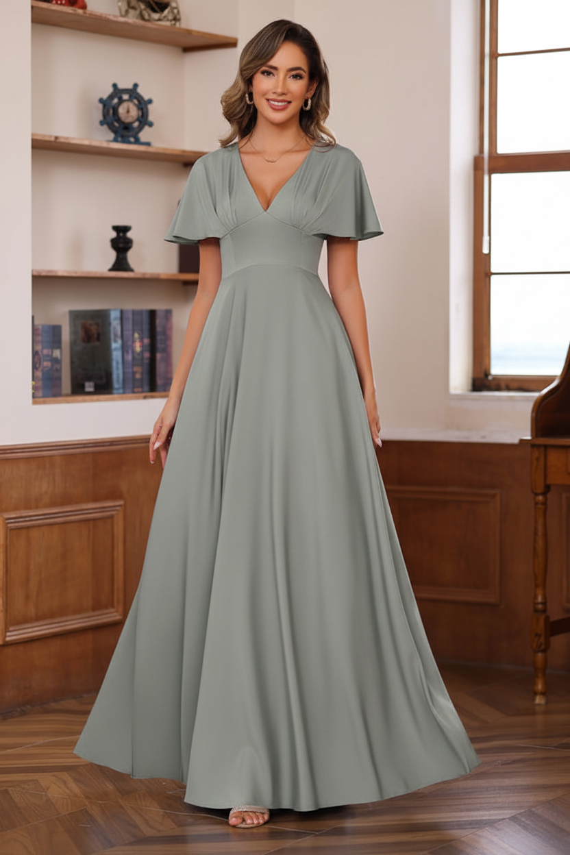 A-Line/Princess V-Neck Short Sleeves Floor-Length Mother of the Bride long Dresses with Ruffles