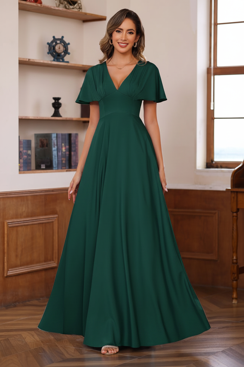 A-Line/Princess V-Neck Short Sleeves Floor-Length Mother of the Bride long Dresses with Ruffles