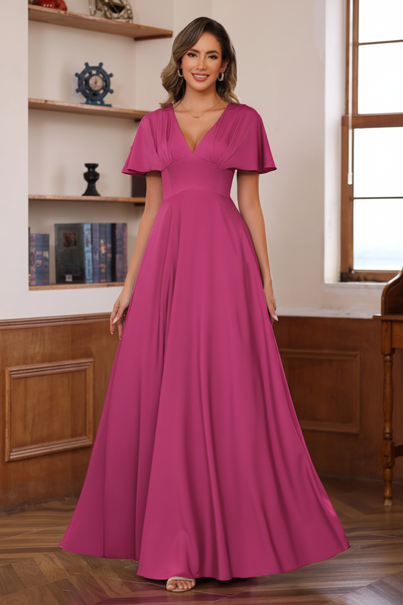 A-Line/Princess V-Neck Short Sleeves Floor-Length Mother of the Bride long Dresses with Ruffles