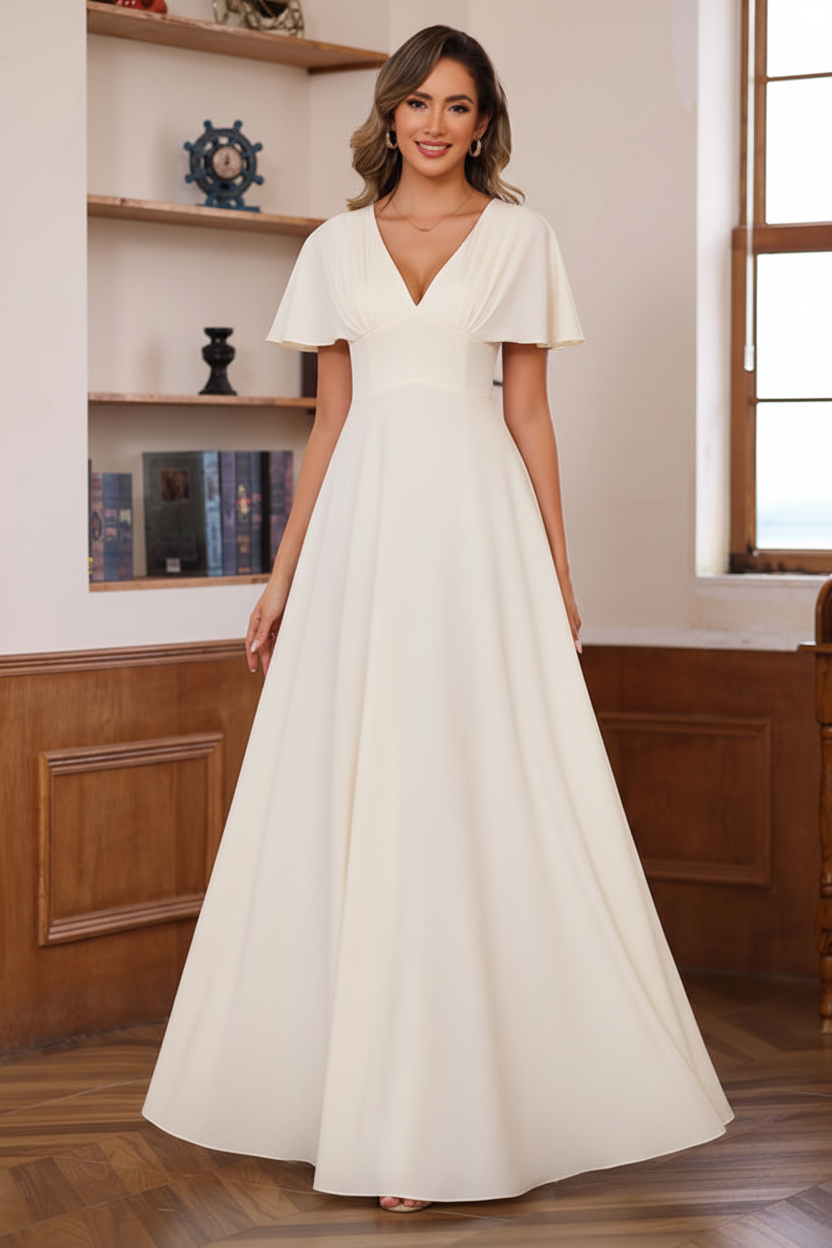 A-Line/Princess V-Neck Short Sleeves Floor-Length Mother of the Bride long Dresses with Ruffles