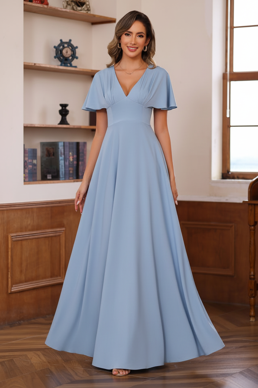 A-Line/Princess V-Neck Short Sleeves Floor-Length Mother of the Bride long Dresses with Ruffles