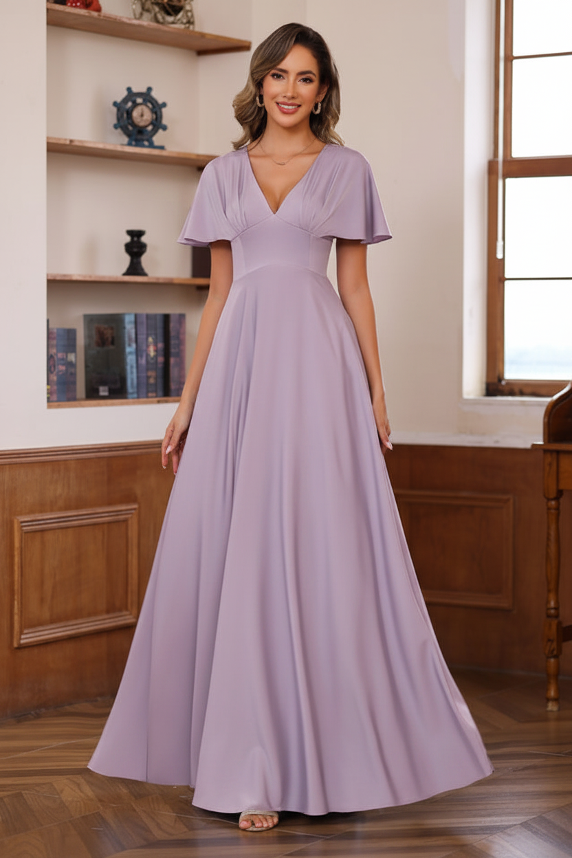 A-Line/Princess V-Neck Short Sleeves Floor-Length Mother of the Bride long Dresses with Ruffles