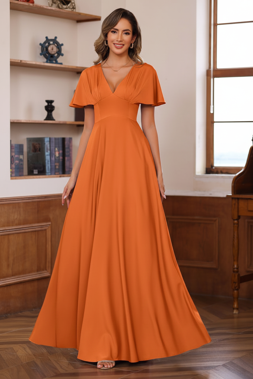 A-Line/Princess V-Neck Short Sleeves Floor-Length Mother of the Bride long Dresses with Ruffles