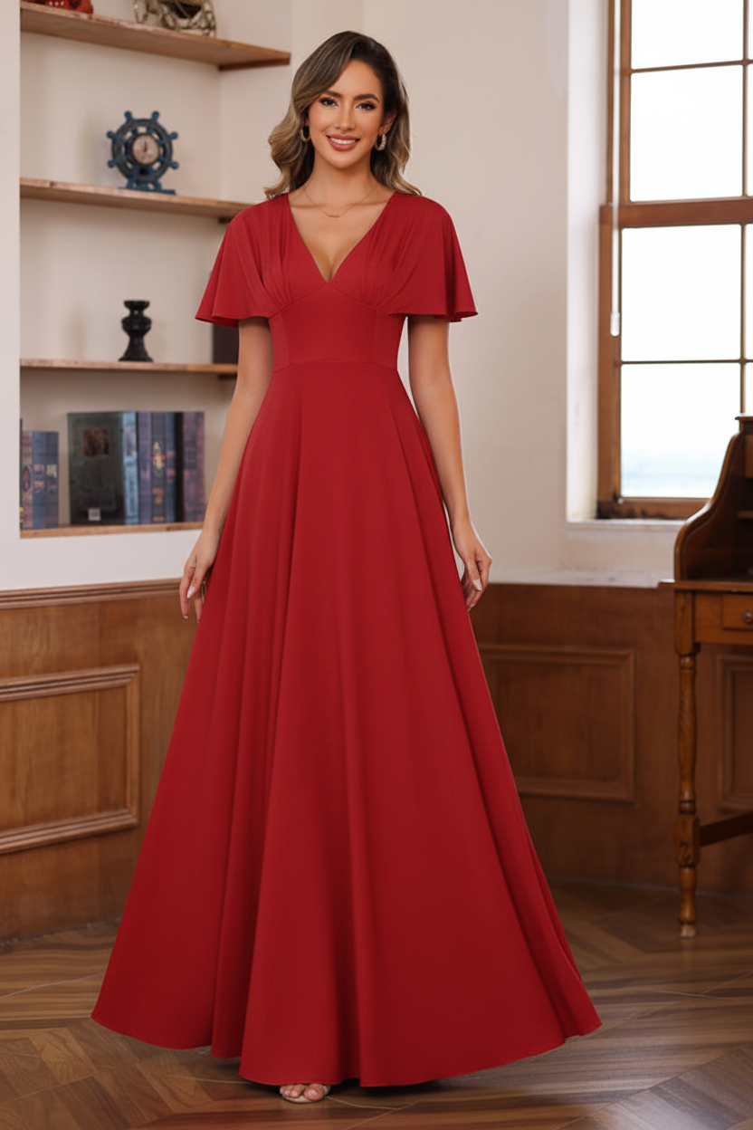 A-Line/Princess V-Neck Short Sleeves Floor-Length Mother of the Bride long Dresses with Ruffles