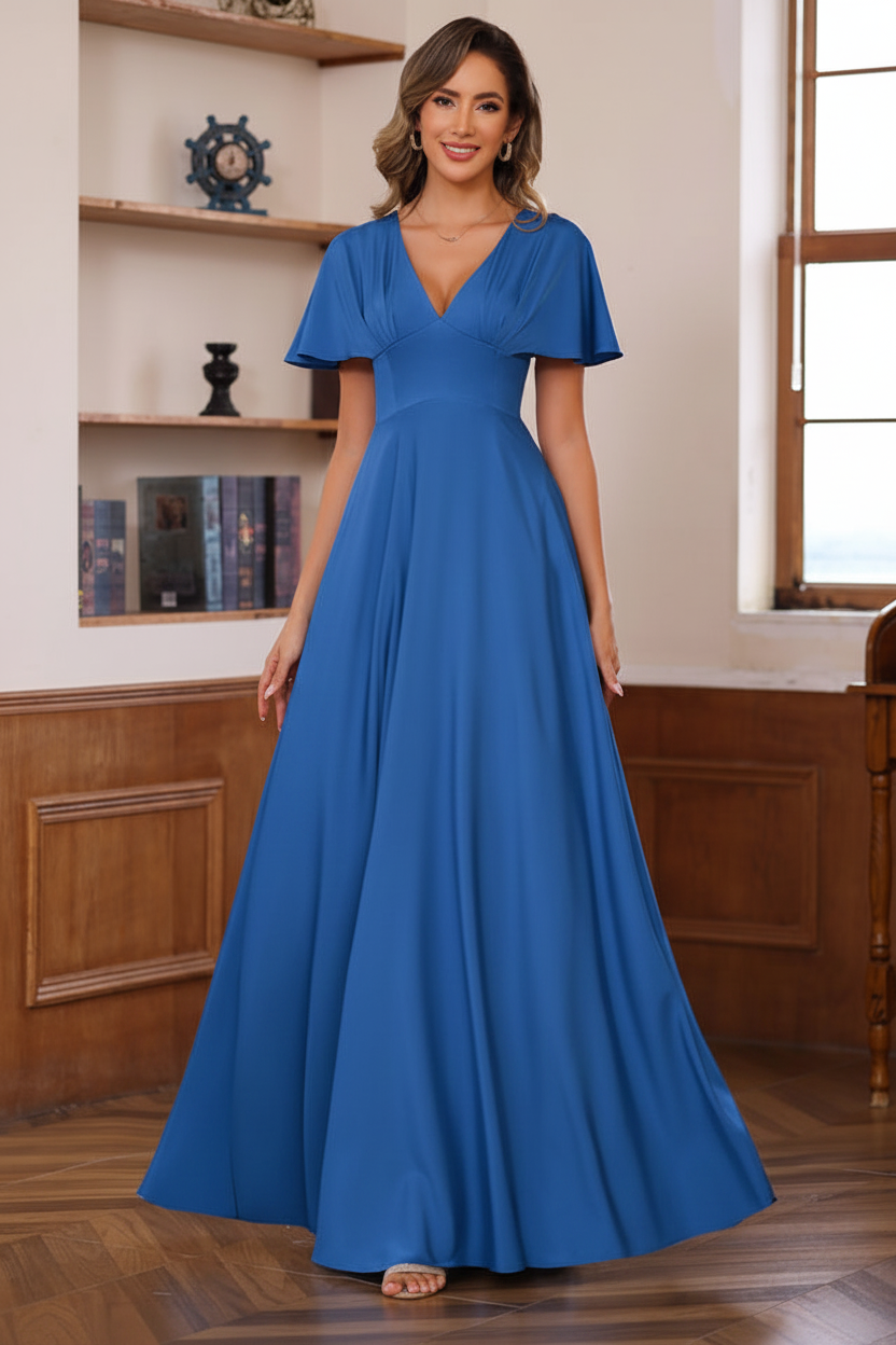 A-Line/Princess V-Neck Short Sleeves Floor-Length Mother of the Bride long Dresses with Ruffles