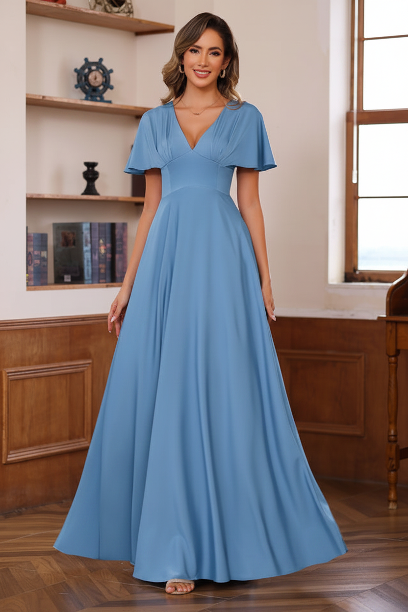 A-Line/Princess V-Neck Short Sleeves Floor-Length Mother of the Bride long Dresses with Ruffles