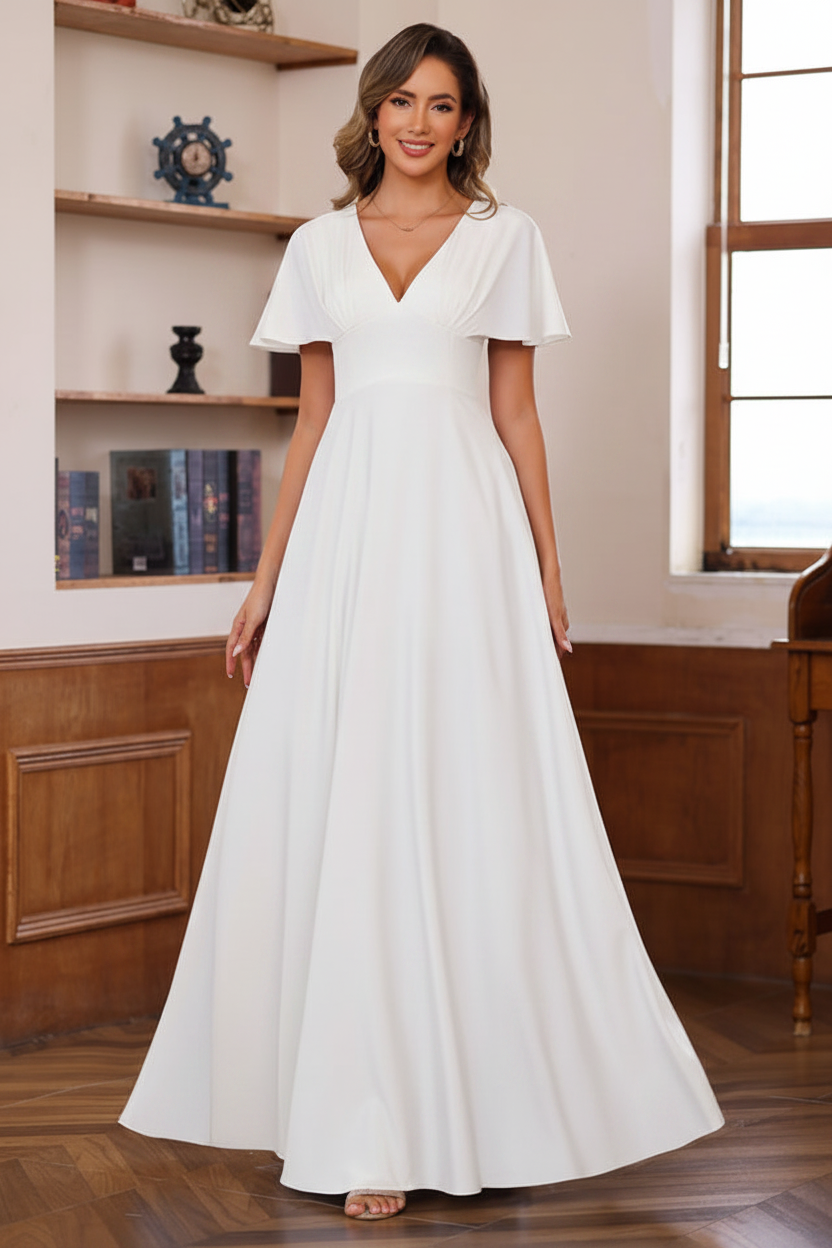 A-Line/Princess V-Neck Short Sleeves Floor-Length Mother of the Bride long Dresses with Ruffles