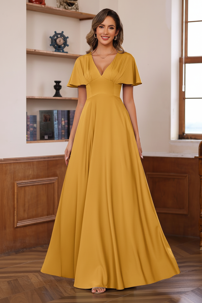 A-Line/Princess V-Neck Short Sleeves Floor-Length Mother of the Bride long Dresses with Ruffles