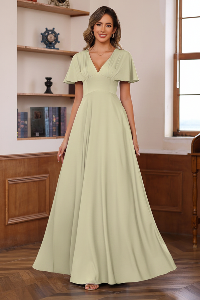 A-Line/Princess V-Neck Short Sleeves Floor-Length Mother of the Bride long Dresses with Ruffles