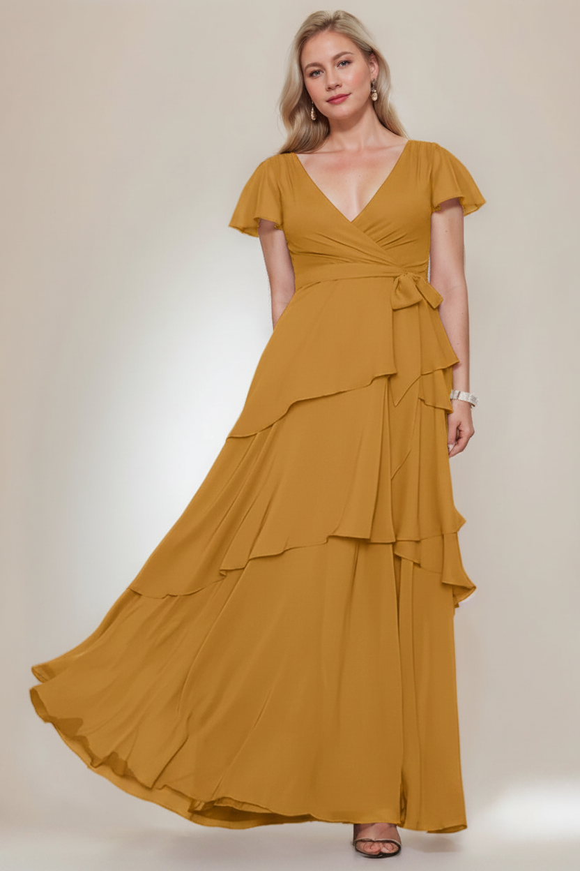 A-Line/Princess V-Neck Short Sleeves Floor-Length Plus Size Mother of the Bride Dresses with Ruffles