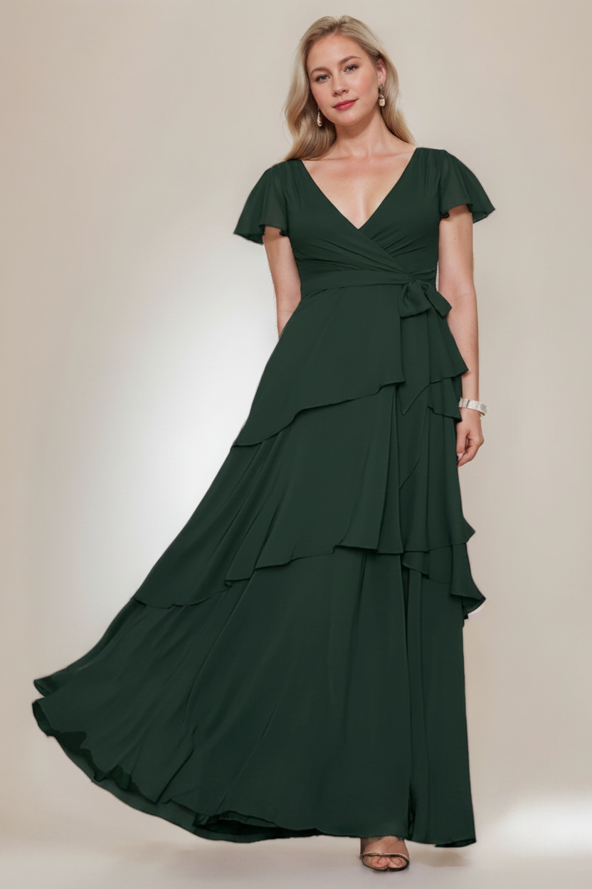 A-Line/Princess V-Neck Short Sleeves Floor-Length Plus Size Mother of the Bride Dresses with Ruffles
