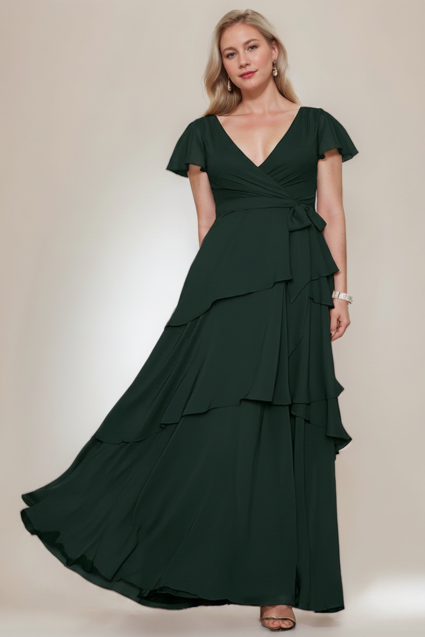 A-Line/Princess V-Neck Short Sleeves Floor-Length Plus Size Mother of the Bride Dresses with Ruffles