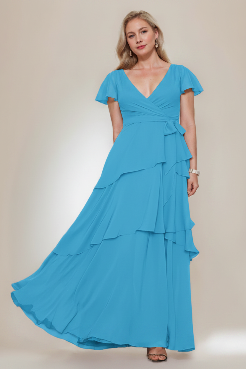 A-Line/Princess V-Neck Short Sleeves Floor-Length Plus Size Mother of the Bride Dresses with Ruffles