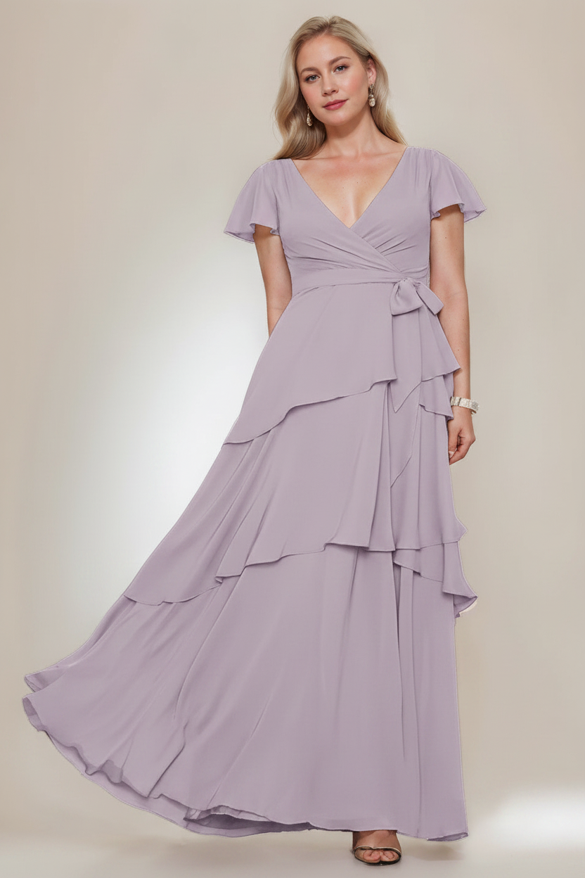 A-Line/Princess V-Neck Short Sleeves Floor-Length Plus Size Mother of the Bride Dresses with Ruffles