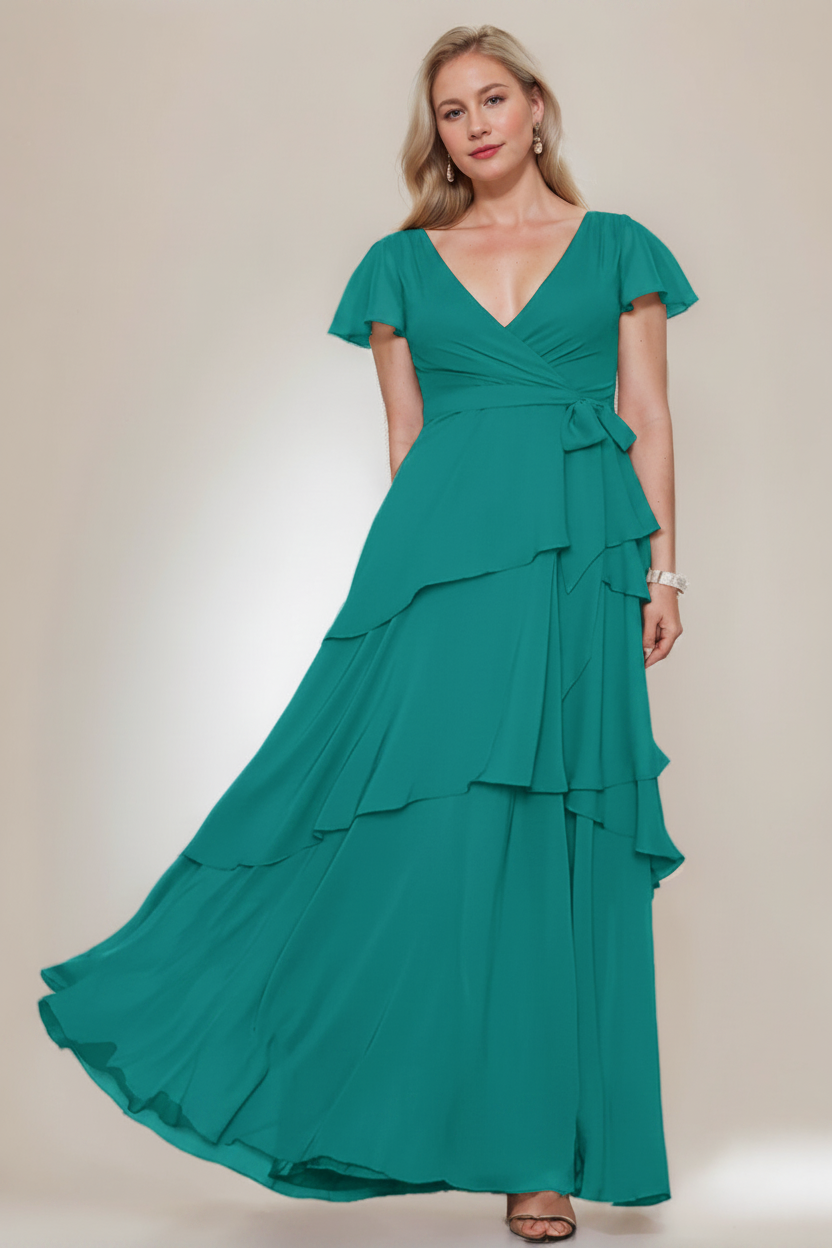 A-Line/Princess V-Neck Short Sleeves Floor-Length Plus Size Mother of the Bride Dresses with Ruffles