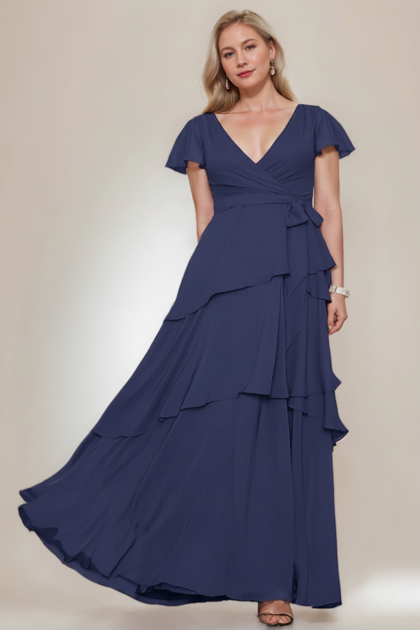 A-Line/Princess V-Neck Short Sleeves Floor-Length Plus Size Mother of the Bride Dresses with Ruffles