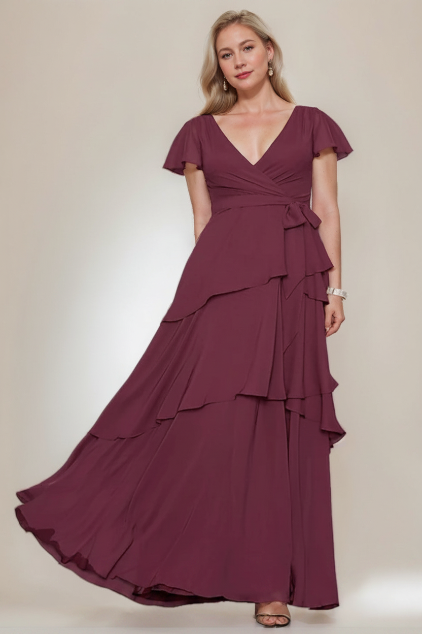 A-Line/Princess V-Neck Short Sleeves Floor-Length Plus Size Mother of the Bride Dresses with Ruffles