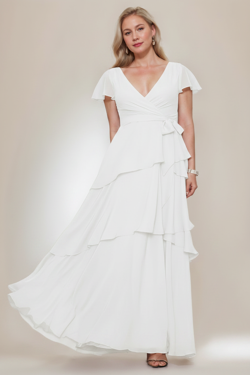 A-Line/Princess V-Neck Short Sleeves Floor-Length Plus Size Mother of the Bride Dresses with Ruffles
